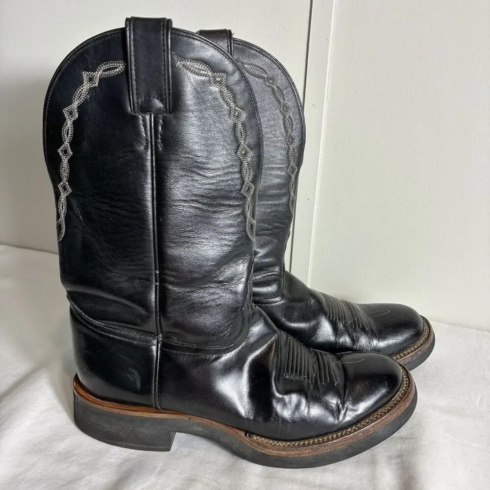 Vintage Tony Lama Men's Cowboy Boots Size 9B Black Leather Western Wear Riding
